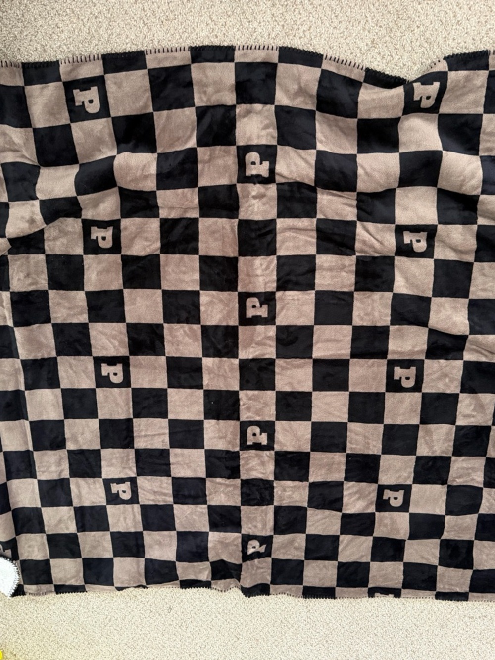 PINK Checkerboard 'P' Logo Blanket Throw in Black and Taupe Fleece